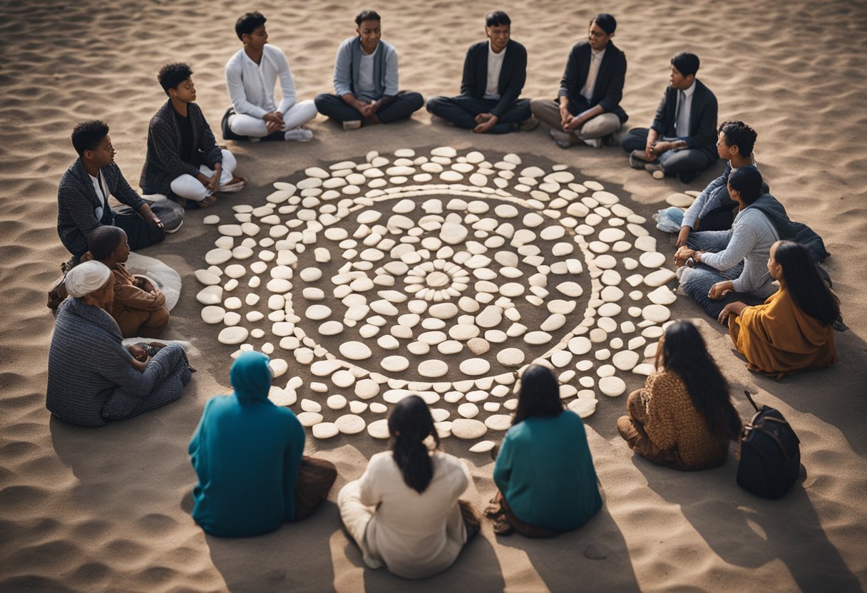 A circle of diverse symbols and objects arranged on the ground, surrounded by people from different cultures, all facing the center with a sense of reverence and unity