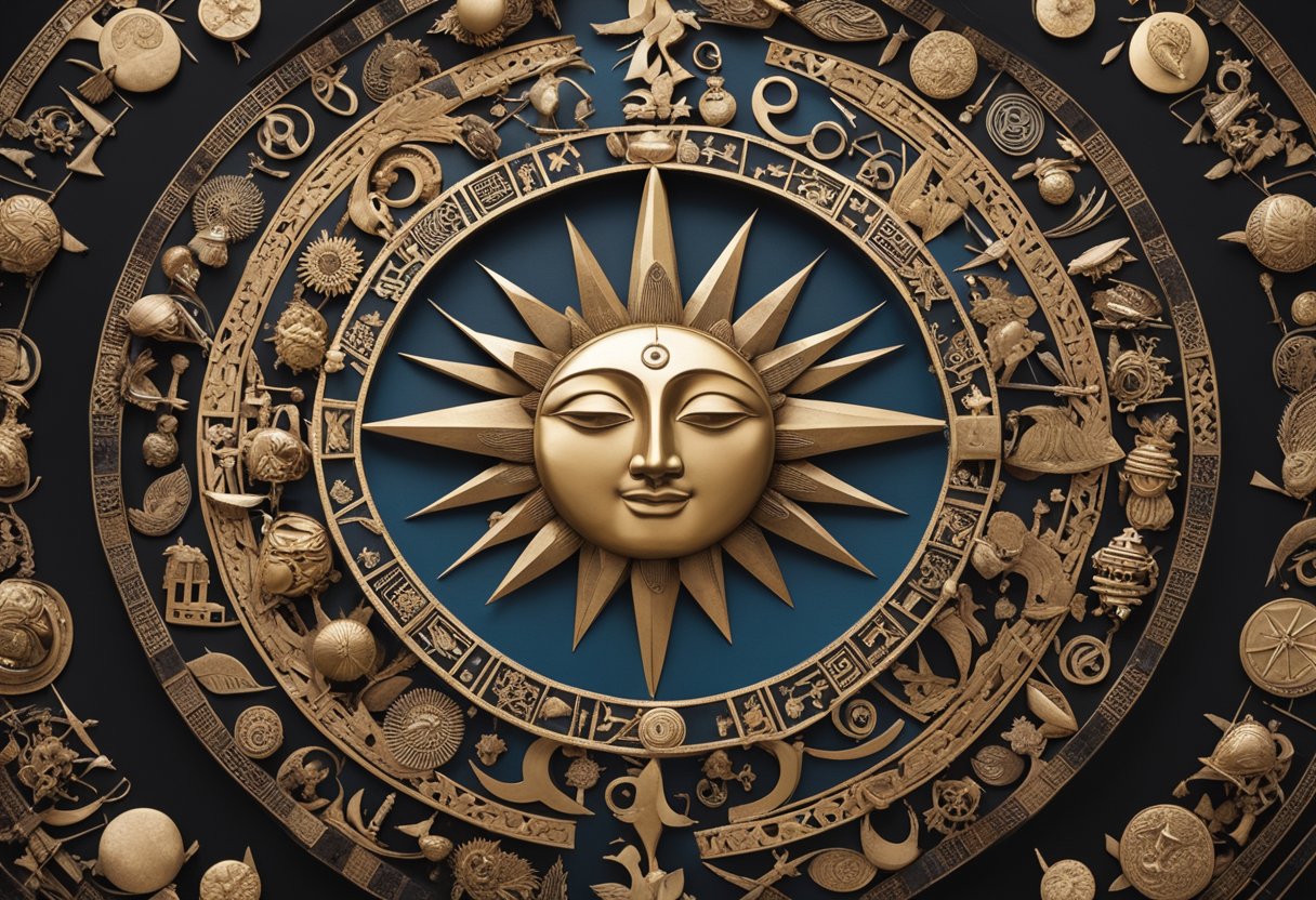 A circle of diverse symbols and artifacts arranged under the sun and moon, representing cross-cultural equinox rituals