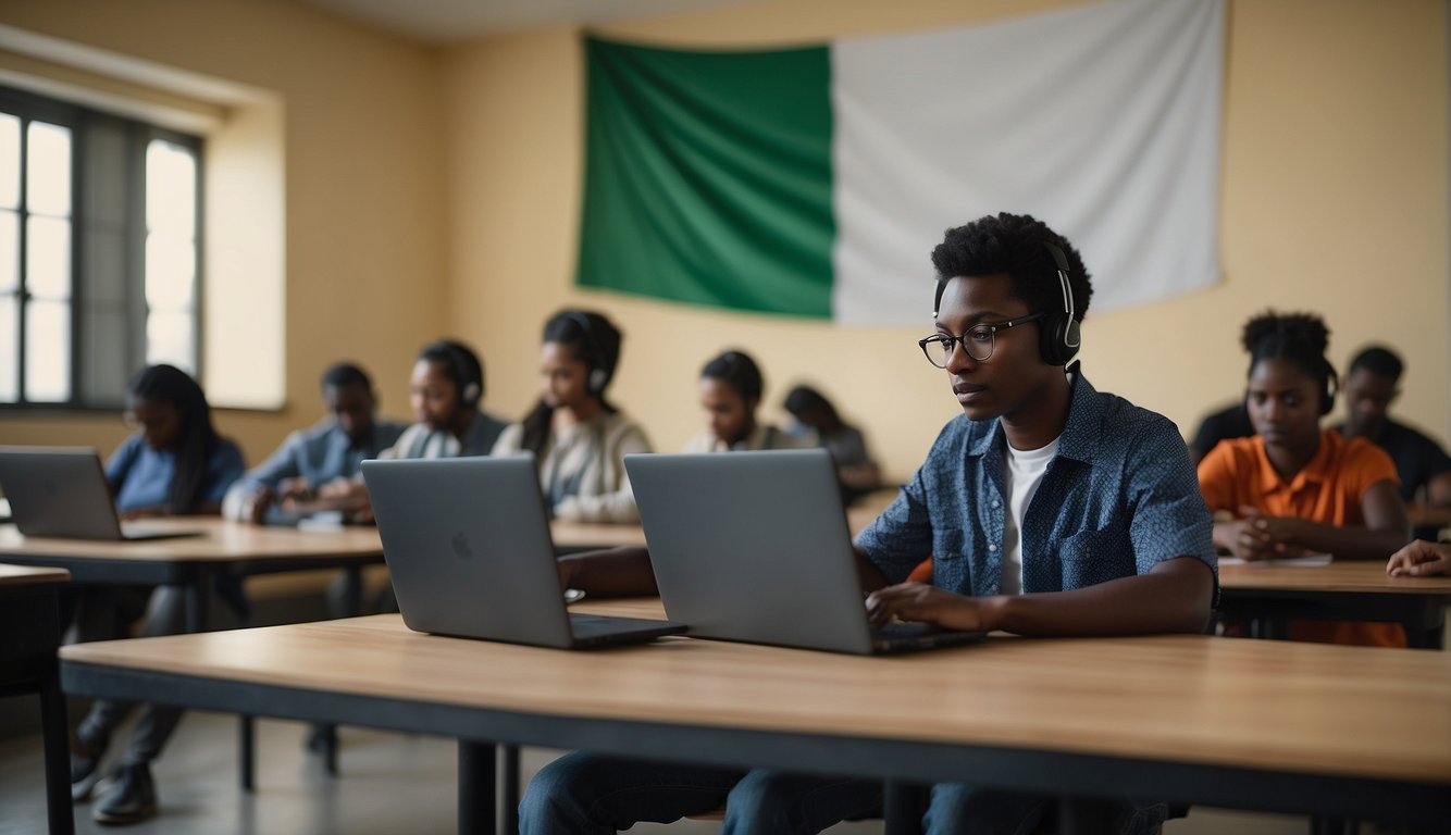A student sits at a desk with a laptop, filling out online forms. A Nigerian flag hangs on the wall. A government website is displayed on the screen