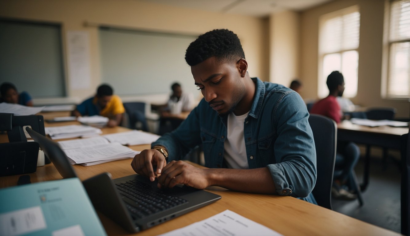A student sits at a desk, filling out forms online. A laptop and documents are spread out in front of them. The student looks focused and determined as they navigate the application process for a federal government student loan in Nigeria