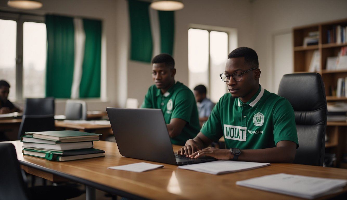 A student sits at a desk with a laptop, filling out a form. A bookshelf and Nigerian flag are in the background