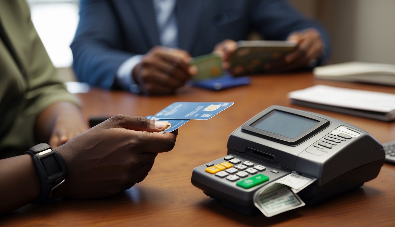 A person at a desk swiping a credit card on a payment terminal with a visa application form and a Nigerian passport on the table