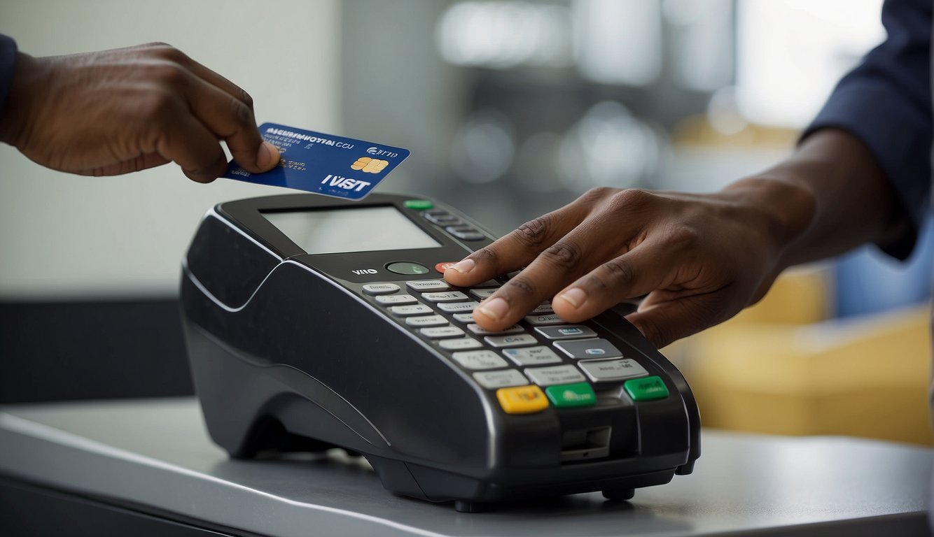 A hand reaches out to insert a credit card into a payment terminal at a Nigerian visa application center