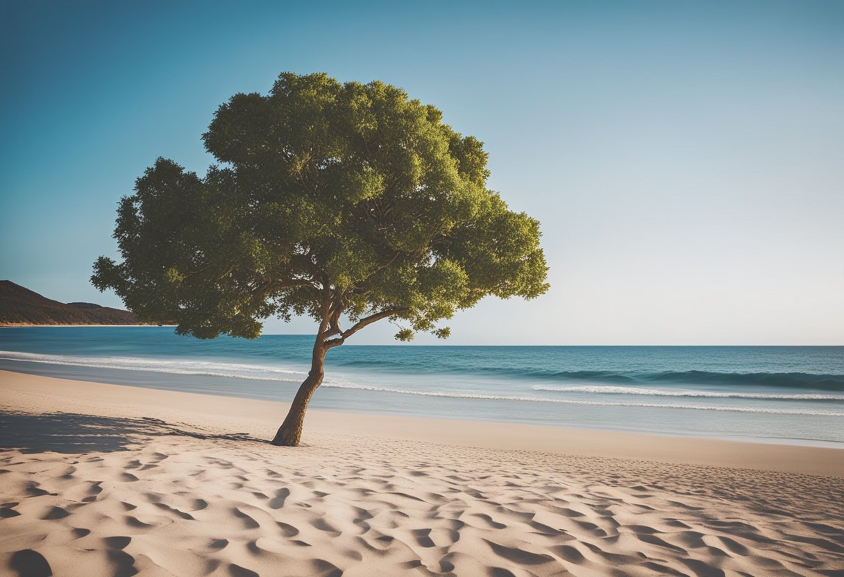 Mindfulness for Cravings - A serene beach with gentle waves, a clear blue sky, and a lone tree swaying in the breeze, evoking a sense of calm and tranquility