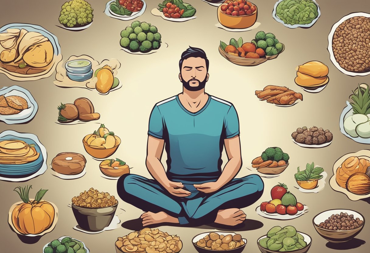 Mindfulness for Cravings - A person sitting cross-legged, eyes closed, with a serene expression. A thought bubble above their head contains images of healthy foods