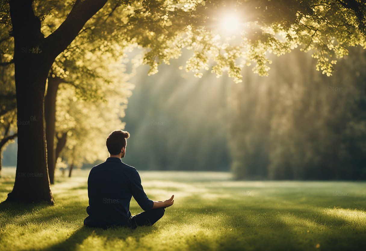 Mindfulness for Cravings - A serene setting with a calm, focused individual using deep breathing and visualization to manage cravings. The surroundings are peaceful and the person appears relaxed and in control