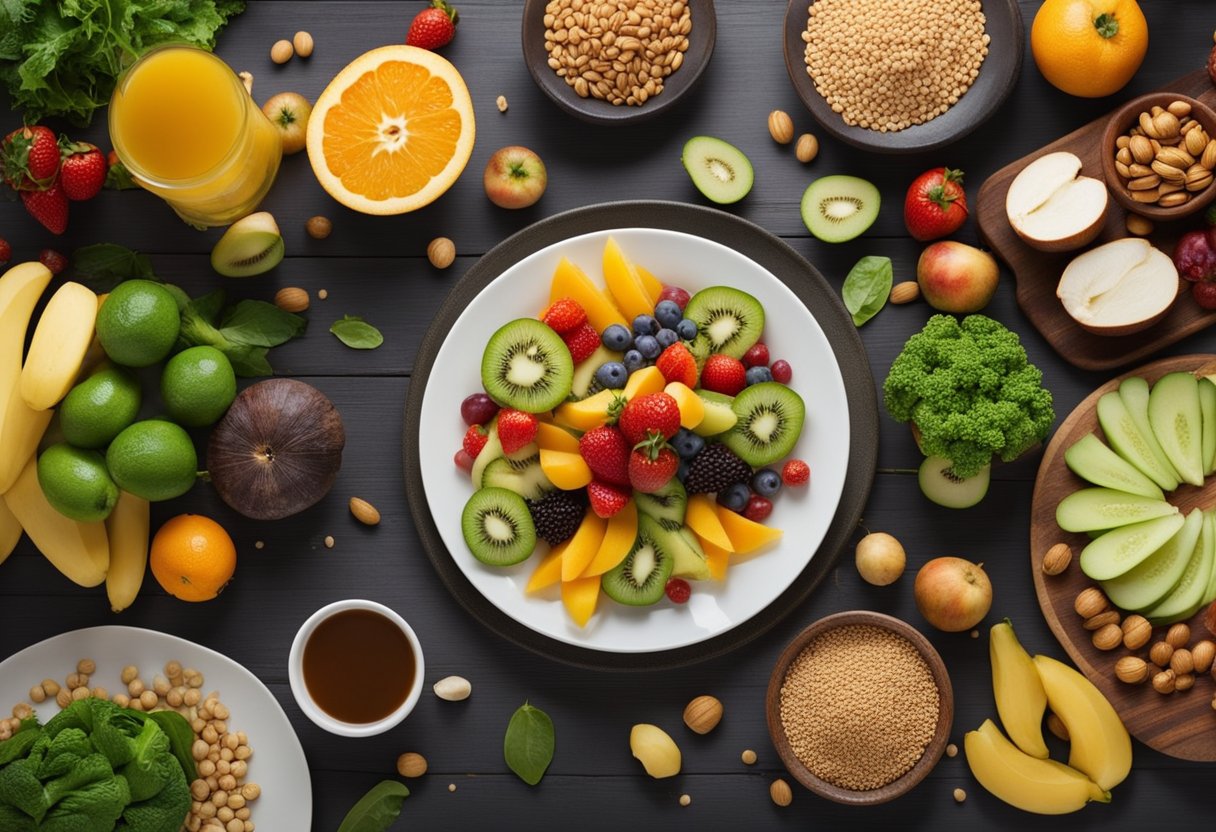 Balanced Diet for Hunger Control - A table with colorful fruits, vegetables, grains, and protein. A person's plate with balanced portions. A satisfied smile