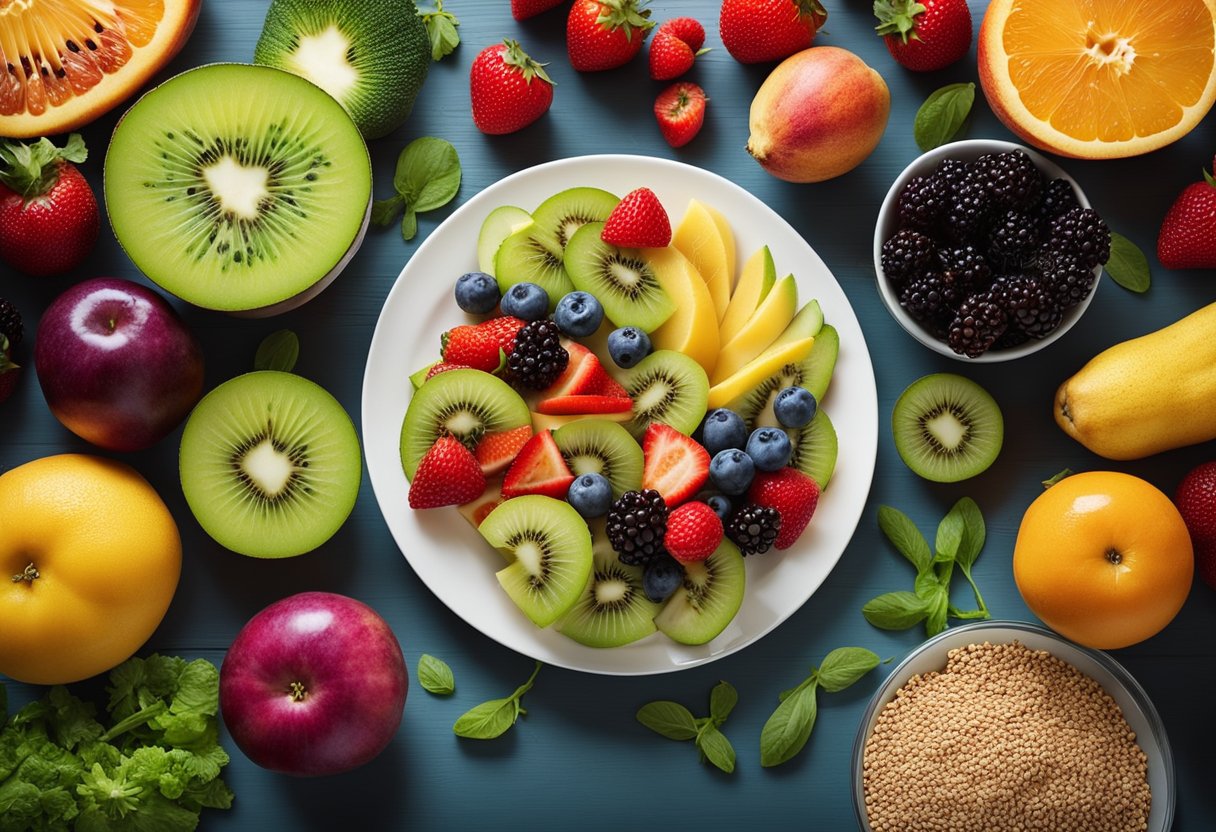 Balanced Diet for Hunger Control - A plate with colorful fruits, vegetables, lean protein, whole grains, and dairy