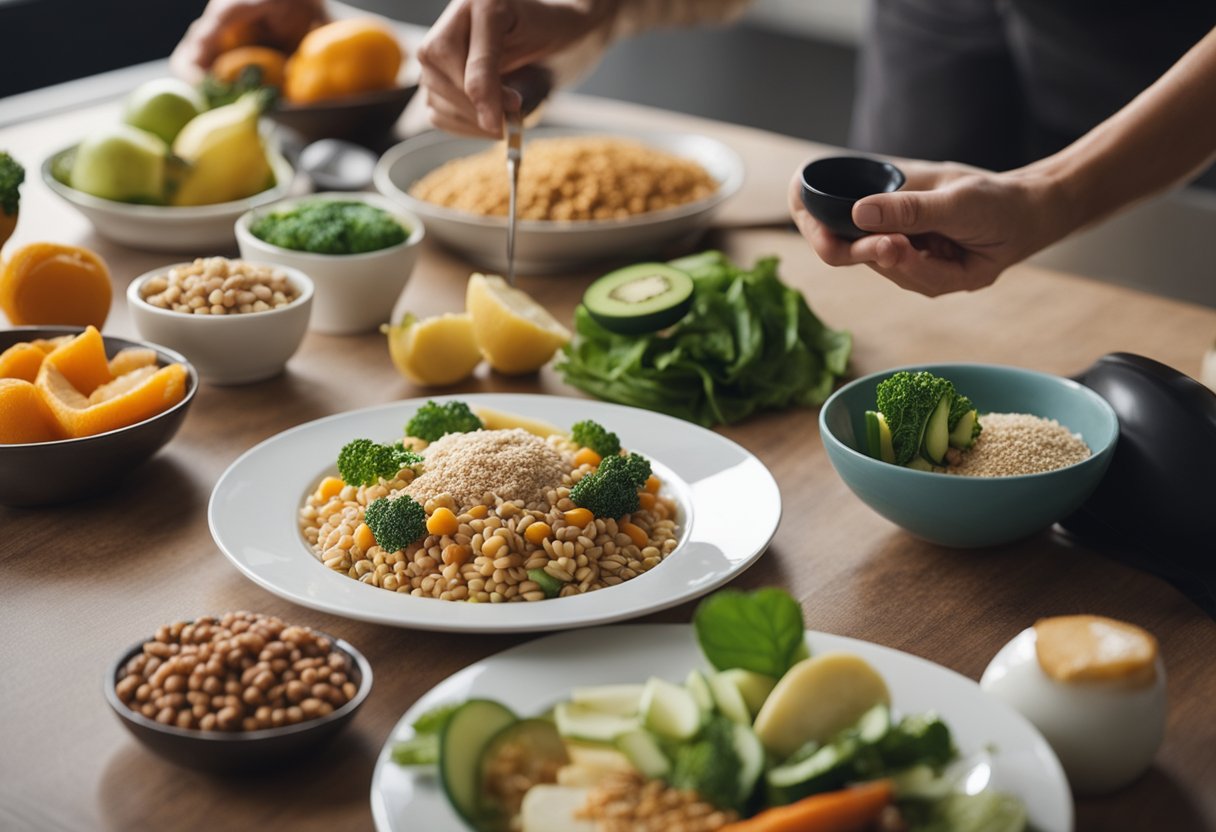 Balanced Diet for Hunger Control - A table with a variety of healthy foods: fruits, vegetables, whole grains, lean proteins. A person measuring portions and writing a meal plan