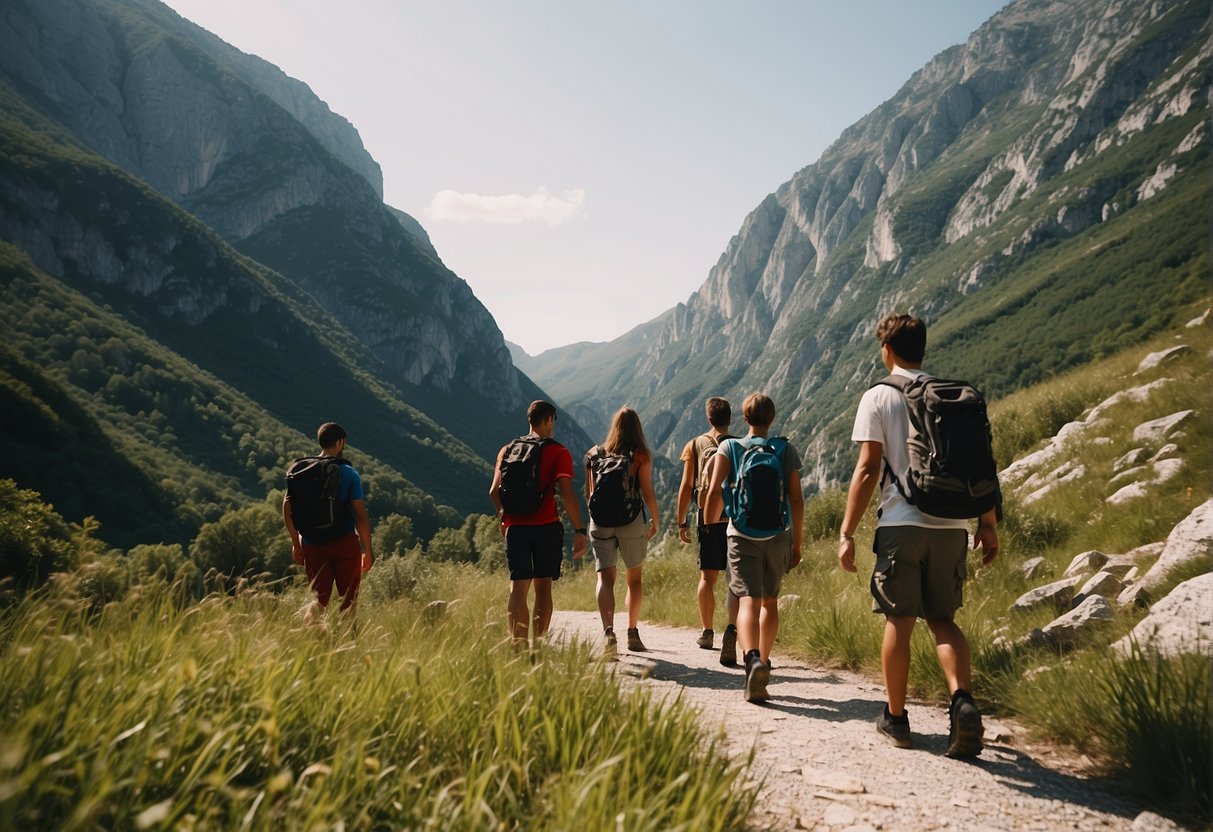 A group of teens hike through Montenegro's rugged mountains, surrounded by lush forests and sparkling lakes. They marvel at towering cliffs and cascading waterfalls, capturing the beauty of the natural wonders