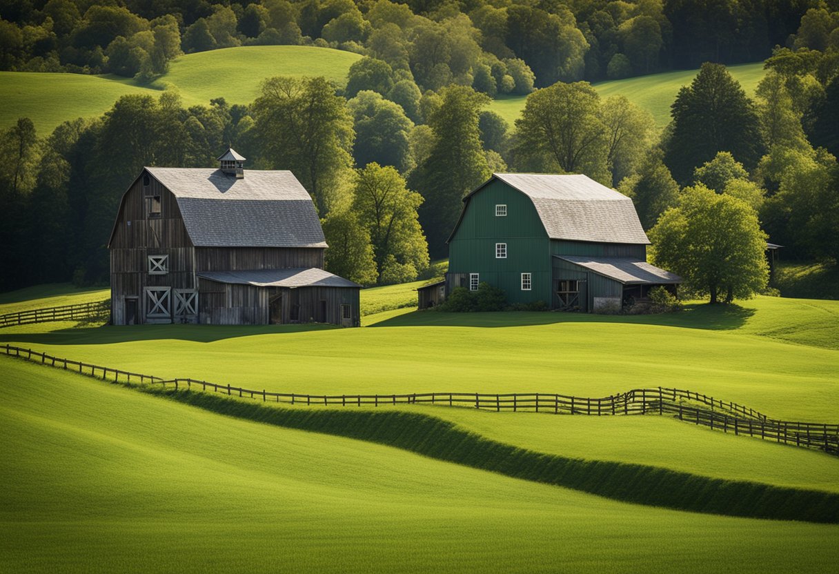 Rolling hills with lush green fields, a rustic barn, and a farmhouse nestled among the trees. A "For Sale" sign stands at the entrance