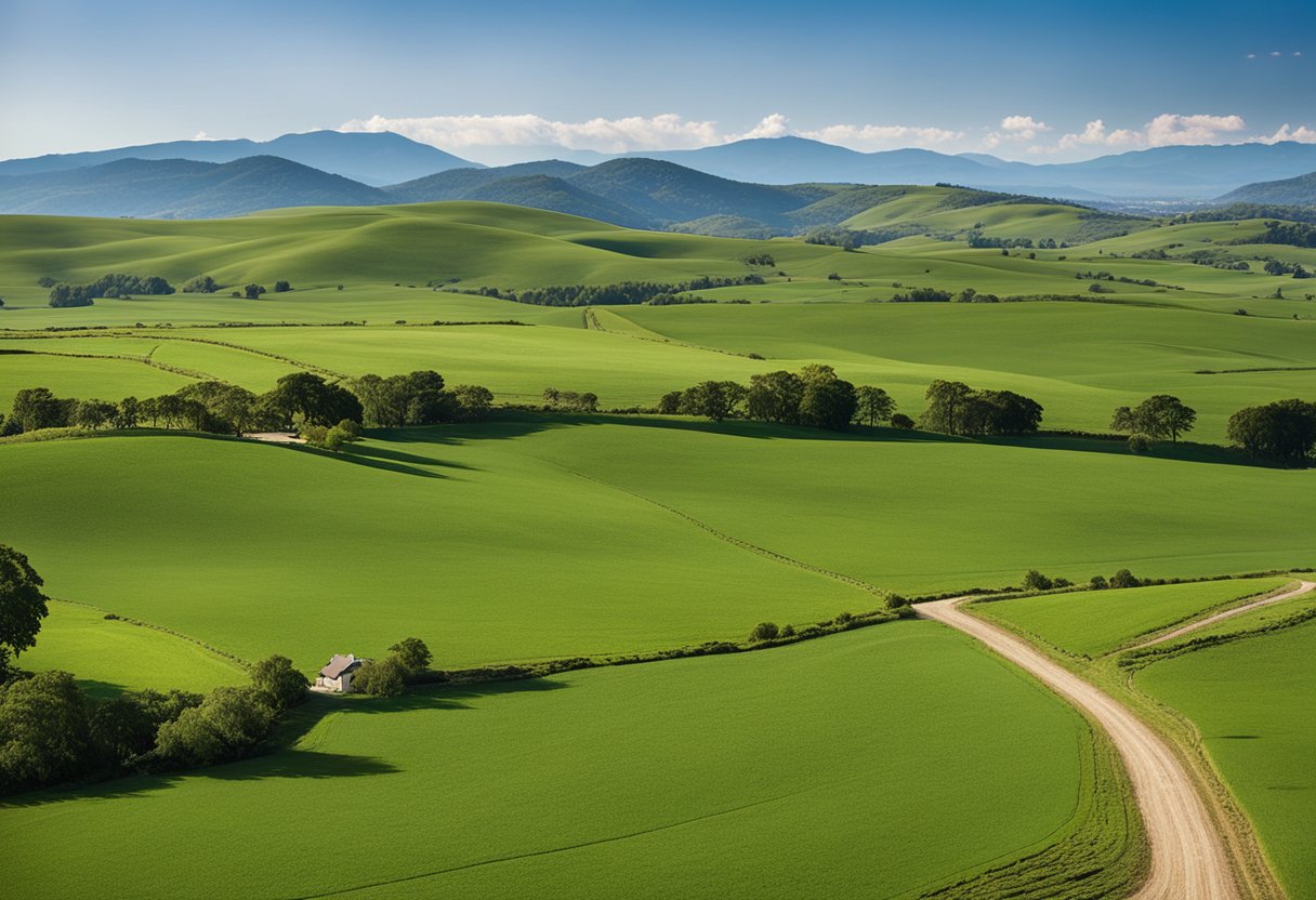 Rolling green fields stretch to the horizon, dotted with grazing livestock. A "For Sale" sign stands at the edge of the property, framed by a clear blue sky and distant mountains