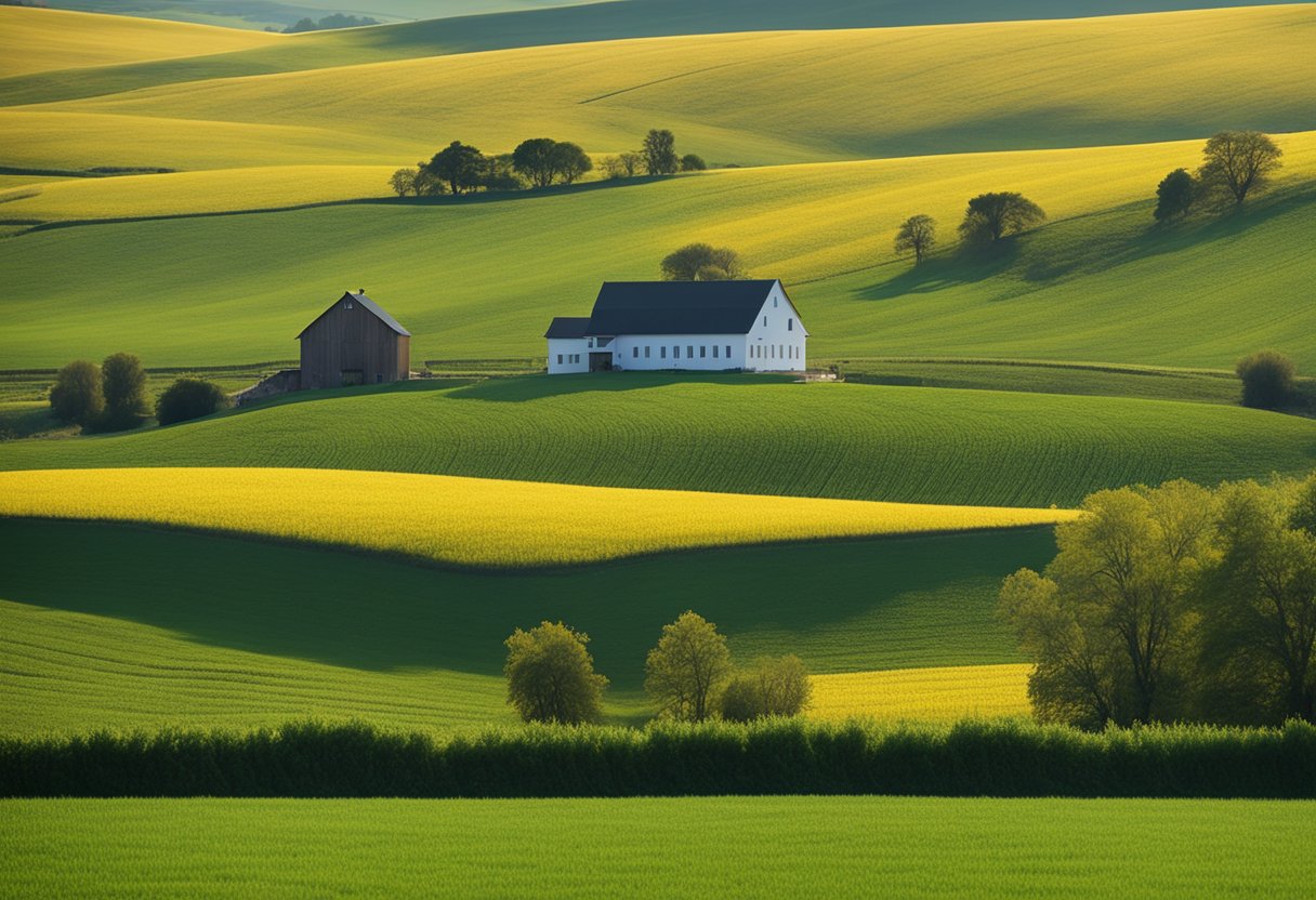 Fertile fields stretch to the horizon, bordered by rolling hills and a clear blue sky. A farmhouse and barn sit nestled among the acres of prime farmland for sale