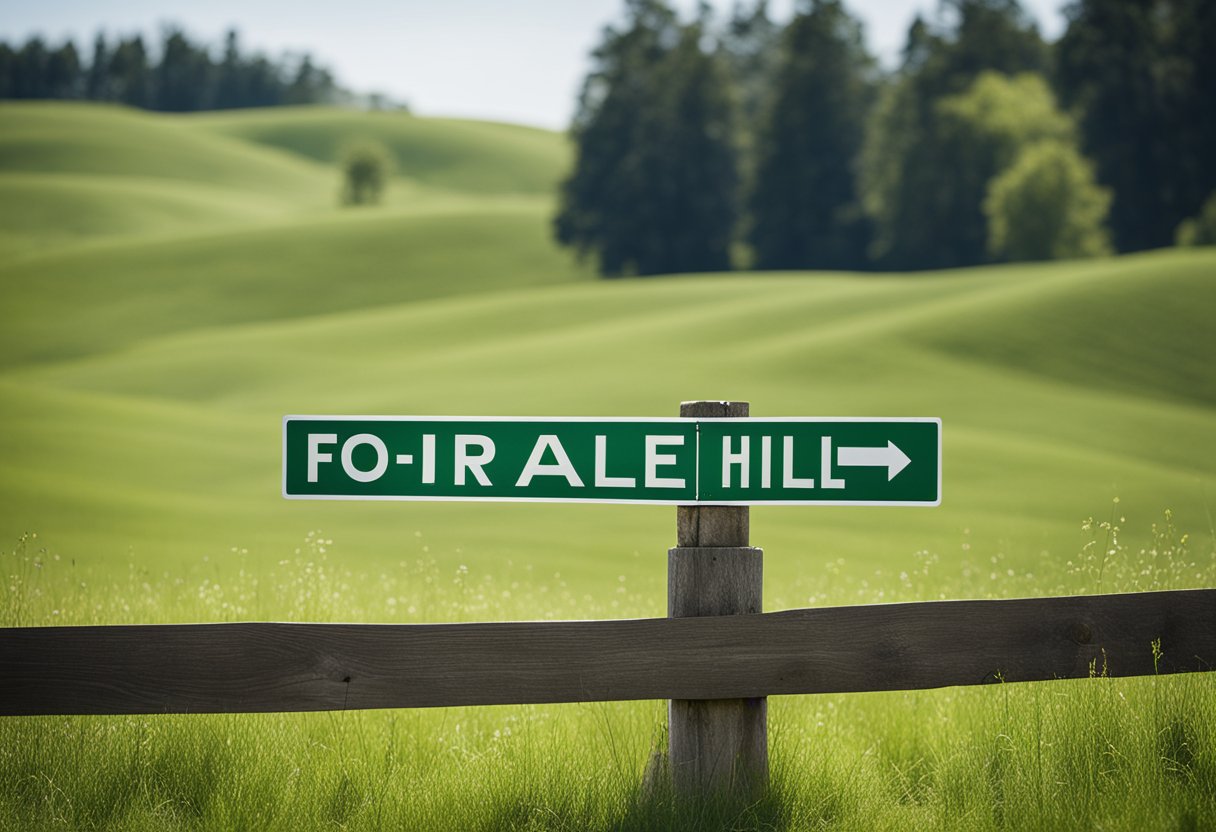 Rolling hills, green pastures, and a clear blue sky. A "For Sale" sign stands at the edge of the property, with a dirt road leading to the land