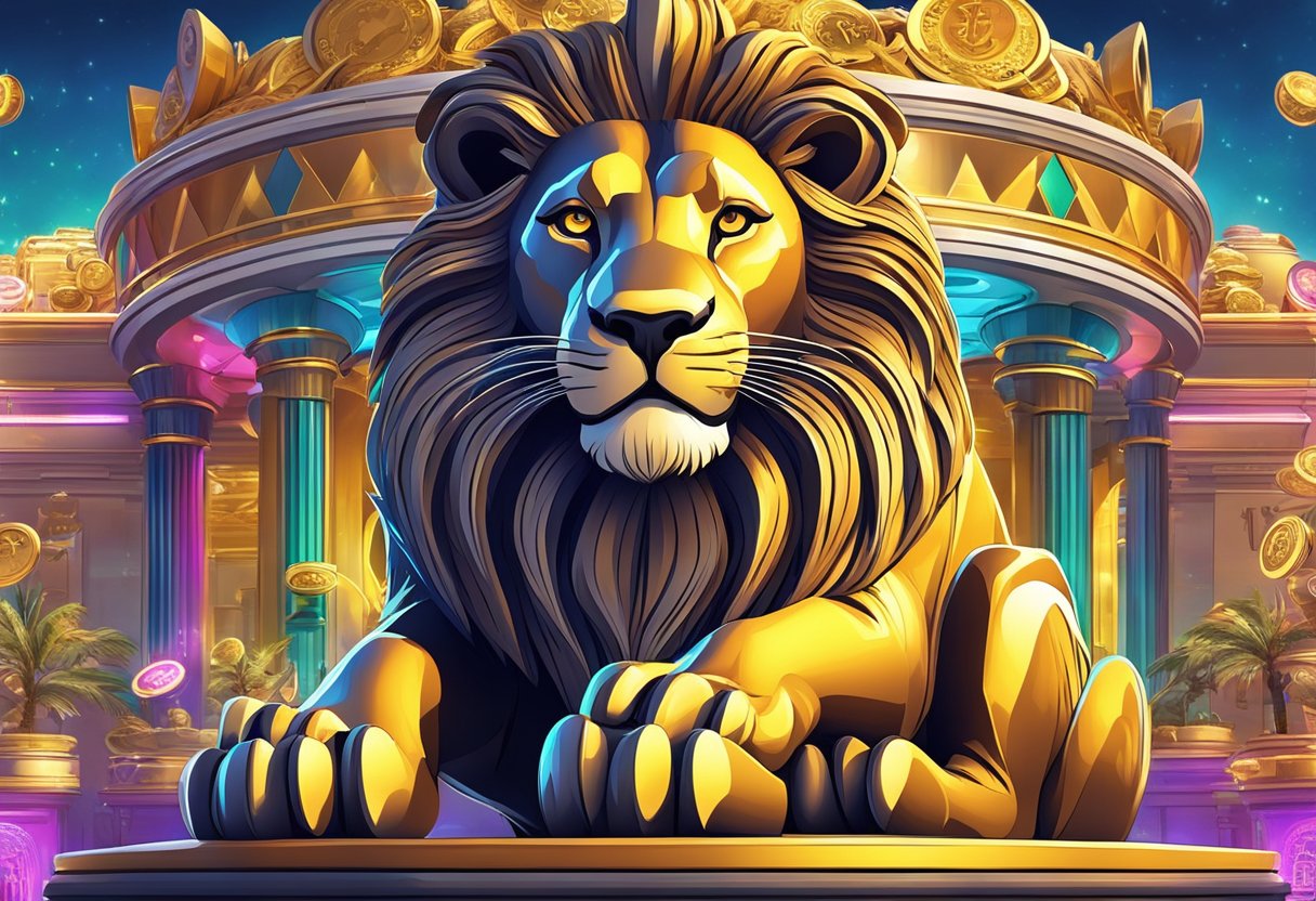 A majestic lion statue sits atop a pile of golden coins, surrounded by flashing slot machines and a vibrant casino atmosphere