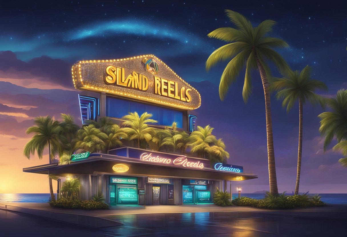 The Island Reels Casino sign glows against the night sky, surrounded by palm trees and a shimmering ocean