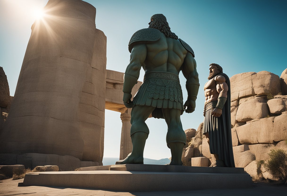 Comparative Mythology: Irish Giants versus Greek Titans—An Analysis of Legendary Beings: Two colossal figures, one representing an Irish giant and the other a Greek titan, stand facing each other in a mythical landscape, each exuding power and strength