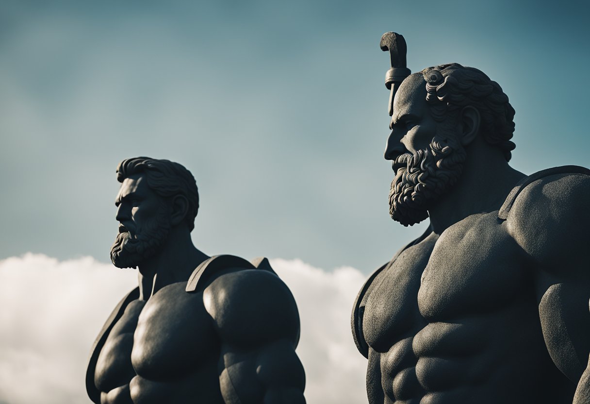Comparative Mythology: Irish Giants versus Greek Titans—An Analysis of Legendary Beings: Two colossal figures, one representing an Irish giant and the other a Greek titan, stand back to back, their imposing silhouettes dominating the landscape