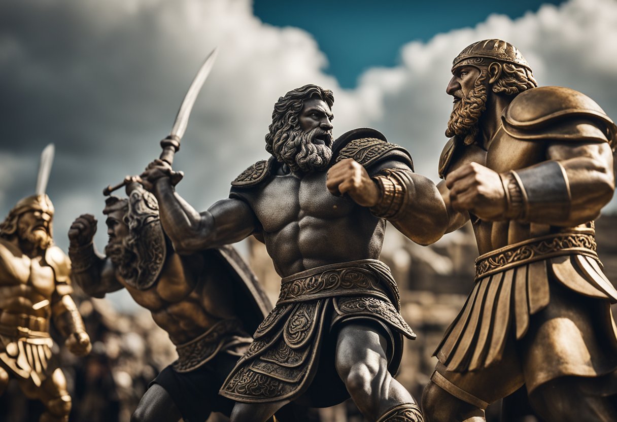 Comparative Mythology: Irish Giants versus Greek Titans—An Analysis of Legendary Beings: Irish giants clash with Greek titans in a fierce battle. Thunderous roars and earth-shaking blows fill the air as the two powerful forces collide