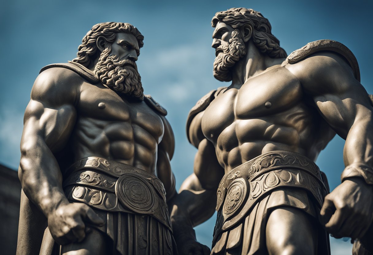 Two colossal figures, one representing an Irish giant and the other a Greek titan, stand face to face in a dramatic confrontation, symbolizing the clash of two powerful mythological traditions