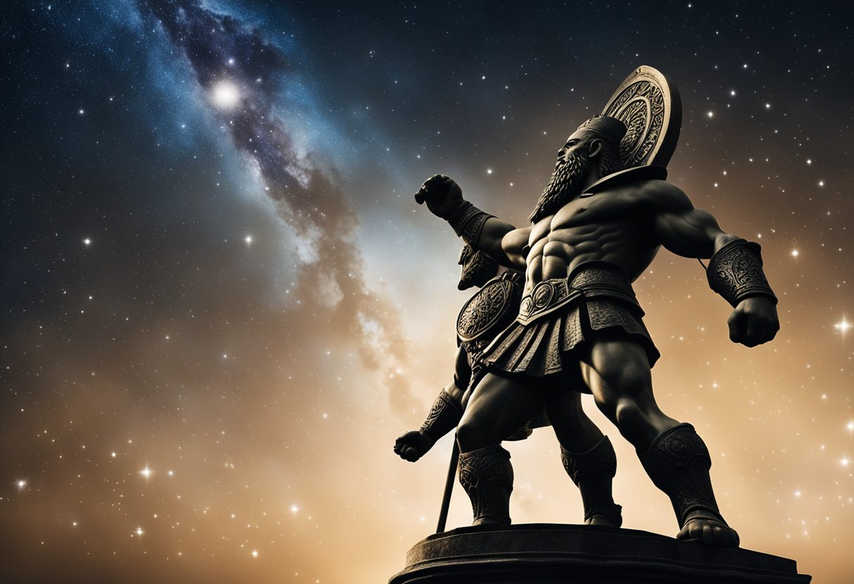 A clash between towering Irish giants and Greek titans, their colossal forms silhouetted against a celestial backdrop of stars and swirling galaxies