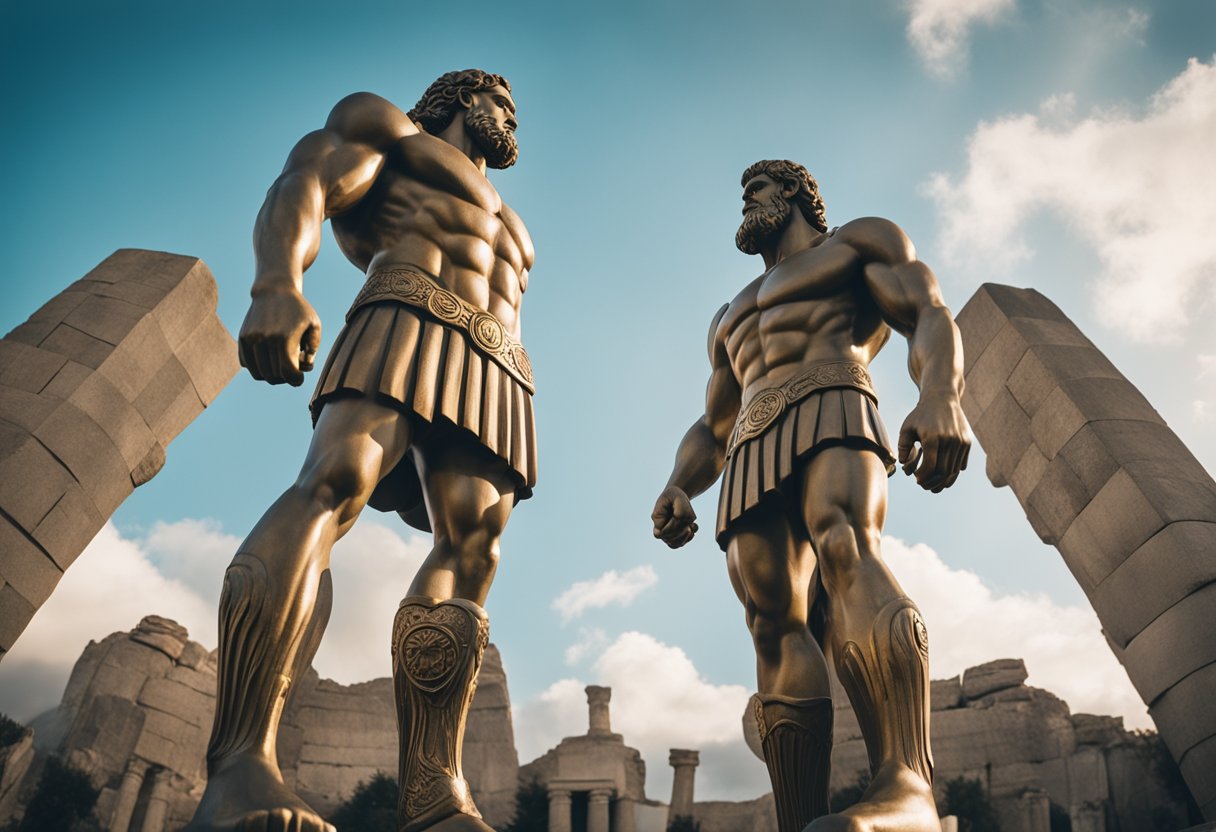 Two colossal figures, one representing an Irish giant and the other a Greek titan, stand facing each other, their features reflecting their respective mythologies