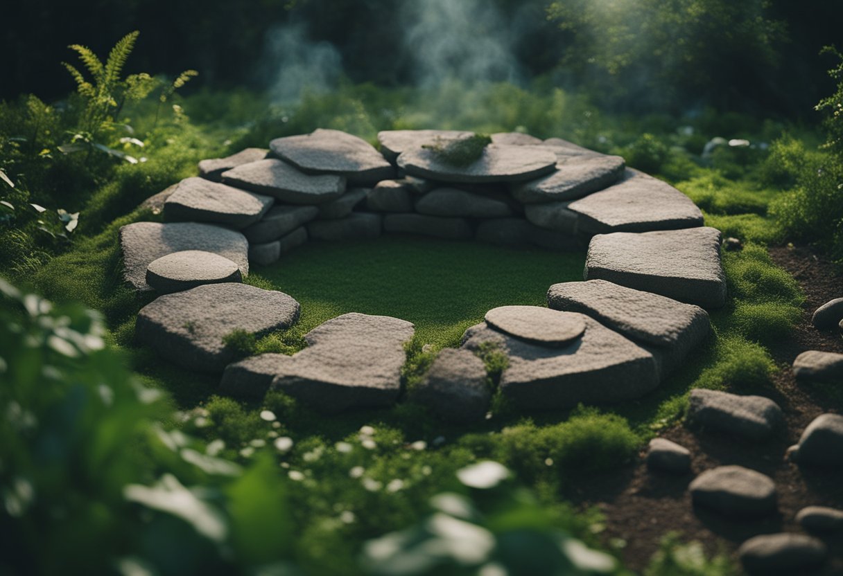 Druidic Rituals in Modern Ireland - A circle of ancient stones surrounded by lush greenery, with a bonfire at its center. Hooded figures chant and dance, invoking nature's power