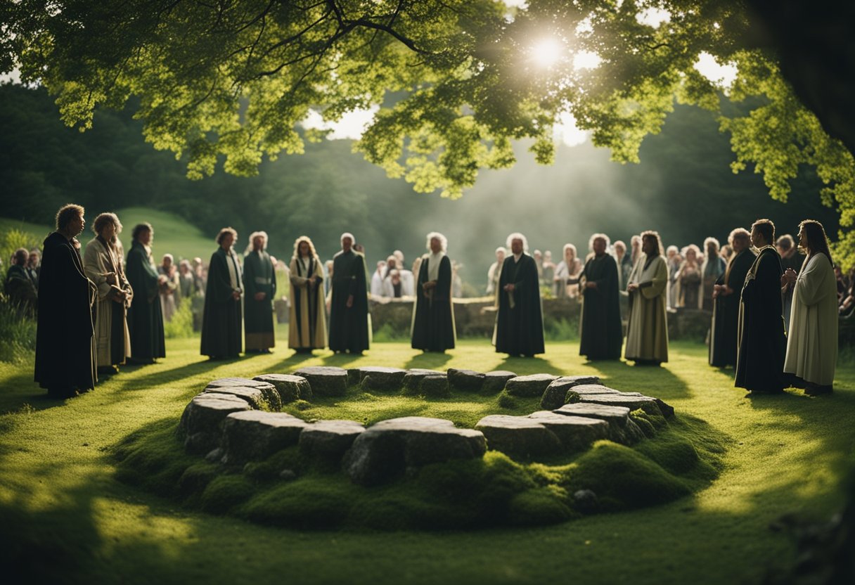 Druidic rituals in modern Ireland: A stone circle surrounded by lush greenery, with a central altar and figures in ceremonial robes performing ancient rites