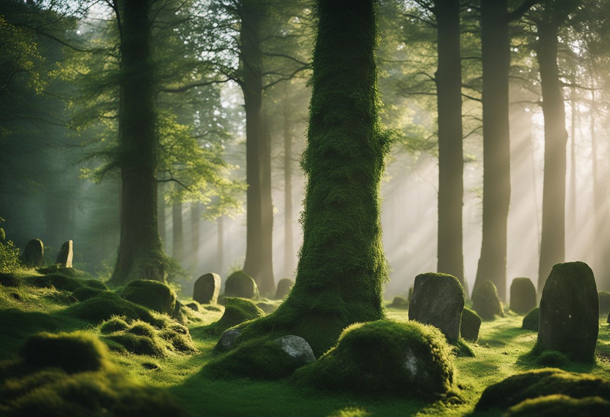 Druidic Rituals in Modern Ireland - A misty forest clearing with ancient stone circles, surrounded by lush greenery and wildlife, as druids perform rituals honoring nature in modern Ireland