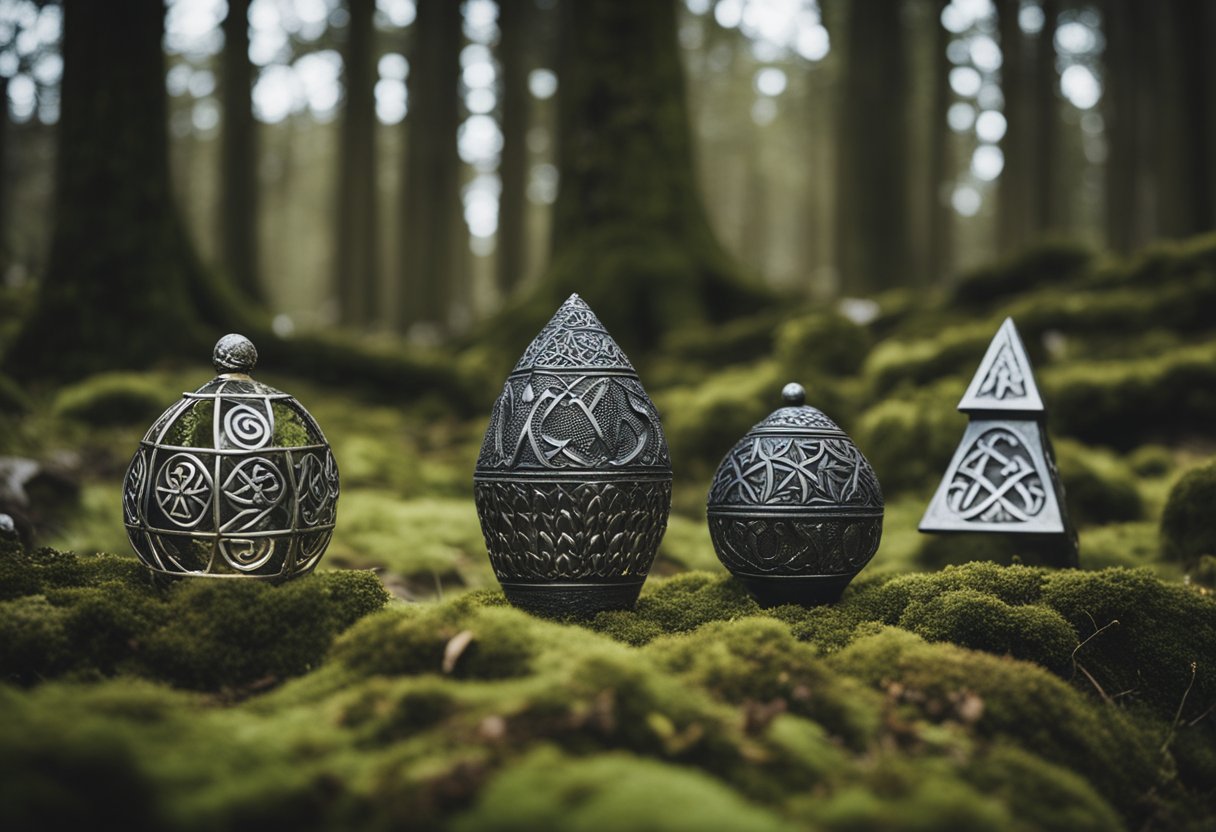 Druidic Rituals in Modern Ireland - Ancient symbols and artifacts adorn a woodland clearing during a modern Druidic ritual in Ireland