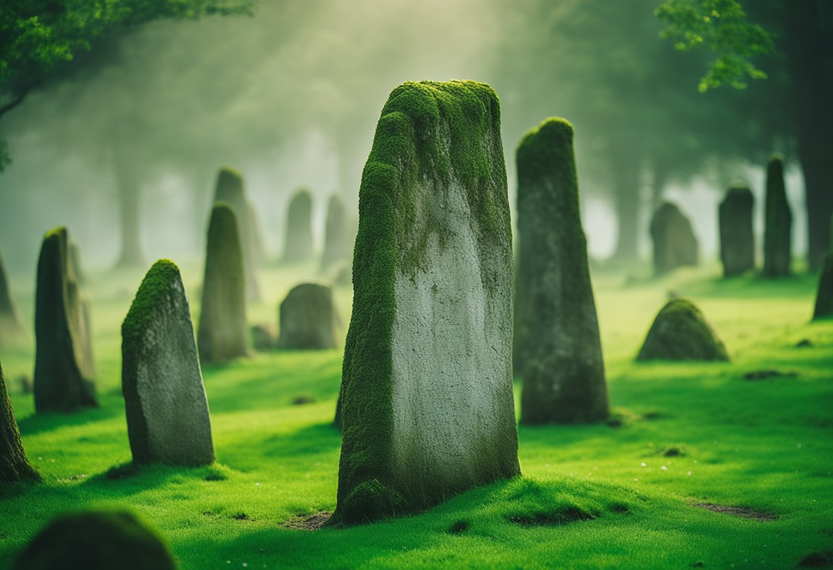 Druidic Rituals in Modern Ireland - A circle of ancient standing stones surrounded by lush greenery, with a faint mist hanging in the air. Symbols of nature and Celtic knotwork adorn the stones, reflecting the influence of Druidism on the arts in modern Ireland