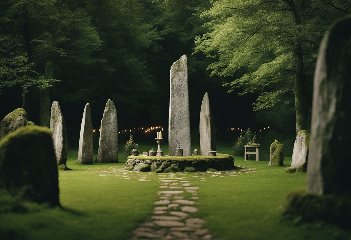 Druidic rituals in modern Ireland: A circle of ancient standing stones surrounded by lush greenery, with a group of people gathered around a central altar, adorned with symbolic offerings and lit by flickering torches