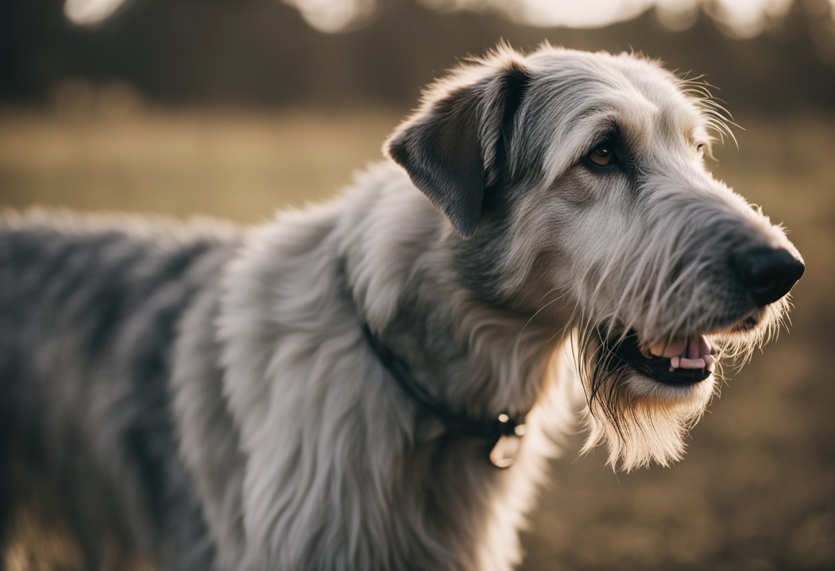 The Irish wolfhound -An Irish wolfhound stands tall and proud, its long, flowing coat symbolizing strength and nobility. Its eyes are intense and focused, representing loyalty and determination
