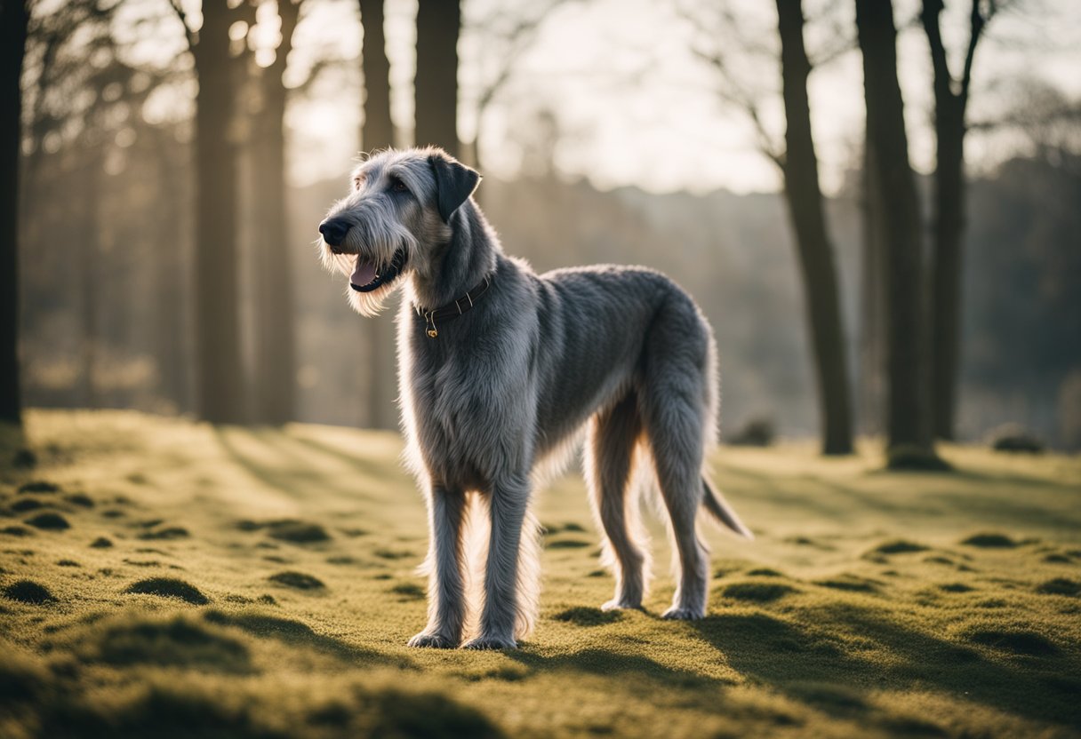 An Irish wolfhound stands tall and regal, exuding strength and nobility. Its gaze is steady and confident, reflecting its calm and gentle temperament. The symbolism of loyalty and protection is evident in its posture and presence