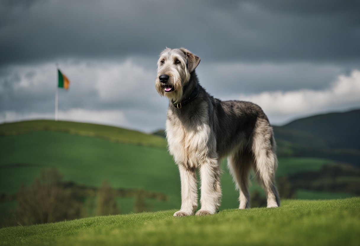 The Irish Wolfhound as a National Symbol - An Irish wolfhound stands proudly atop a green hill, with the Irish flag waving in the background. Its noble and regal presence exudes strength and loyalty, embodying the national symbol of Ireland