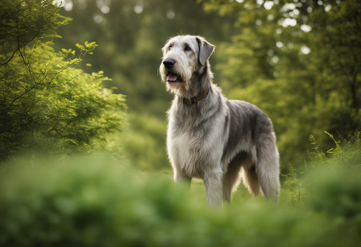 The Irish Wolfhound - An Irish wolfhound stands proudly in a lush, green landscape, embodying strength and nobility. Its long, flowing coat and tall stature symbolize its historical role in hunting and guarding, representing Ireland's rich heritage and the importance of conservation efforts