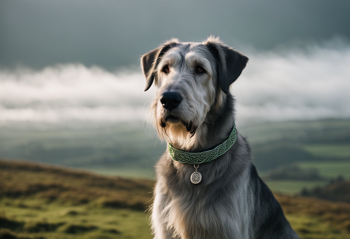 An Irish wolfhound standing proudly with a Celtic knot collar, overlooking a misty Irish landscape