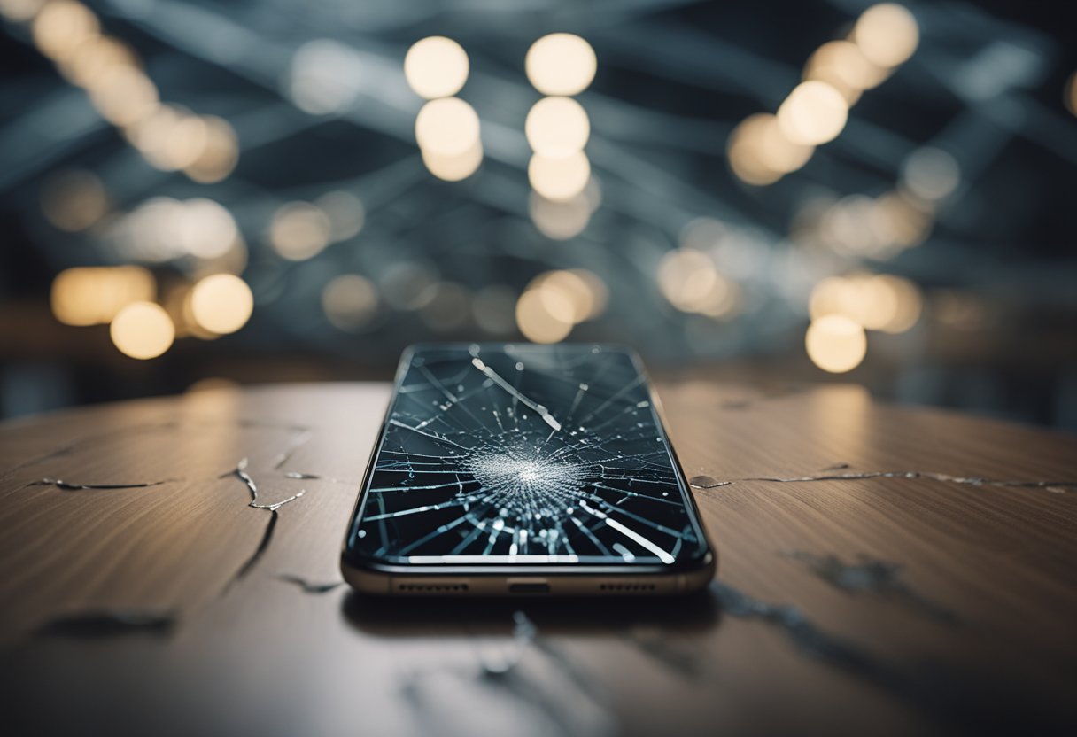 A cracked phone screen lies on a table, with shattered glass and visible damage