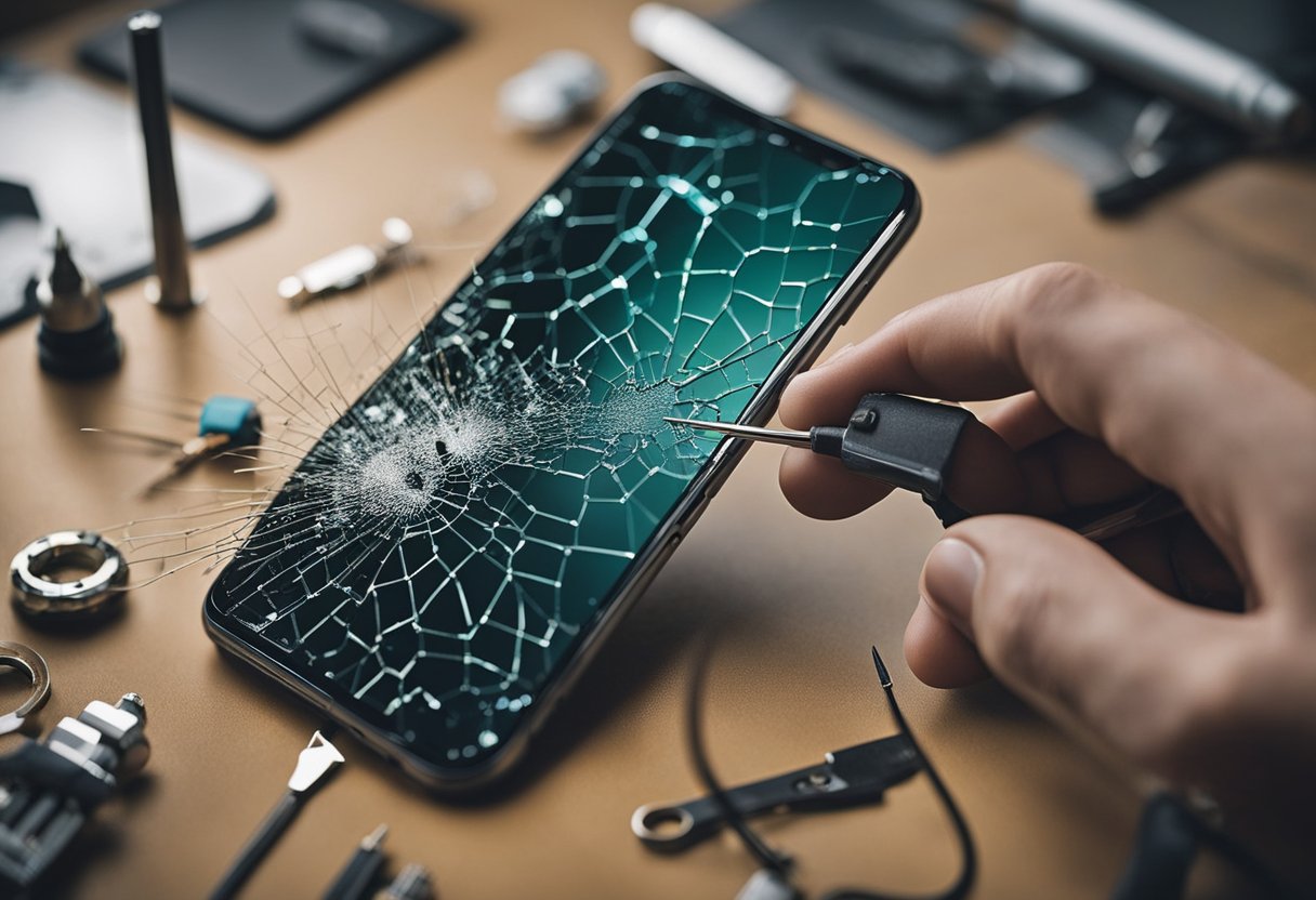 A cracked phone screen being repaired with DIY methods using tools and materials such as a screen repair kit, adhesive, and a small screwdriver