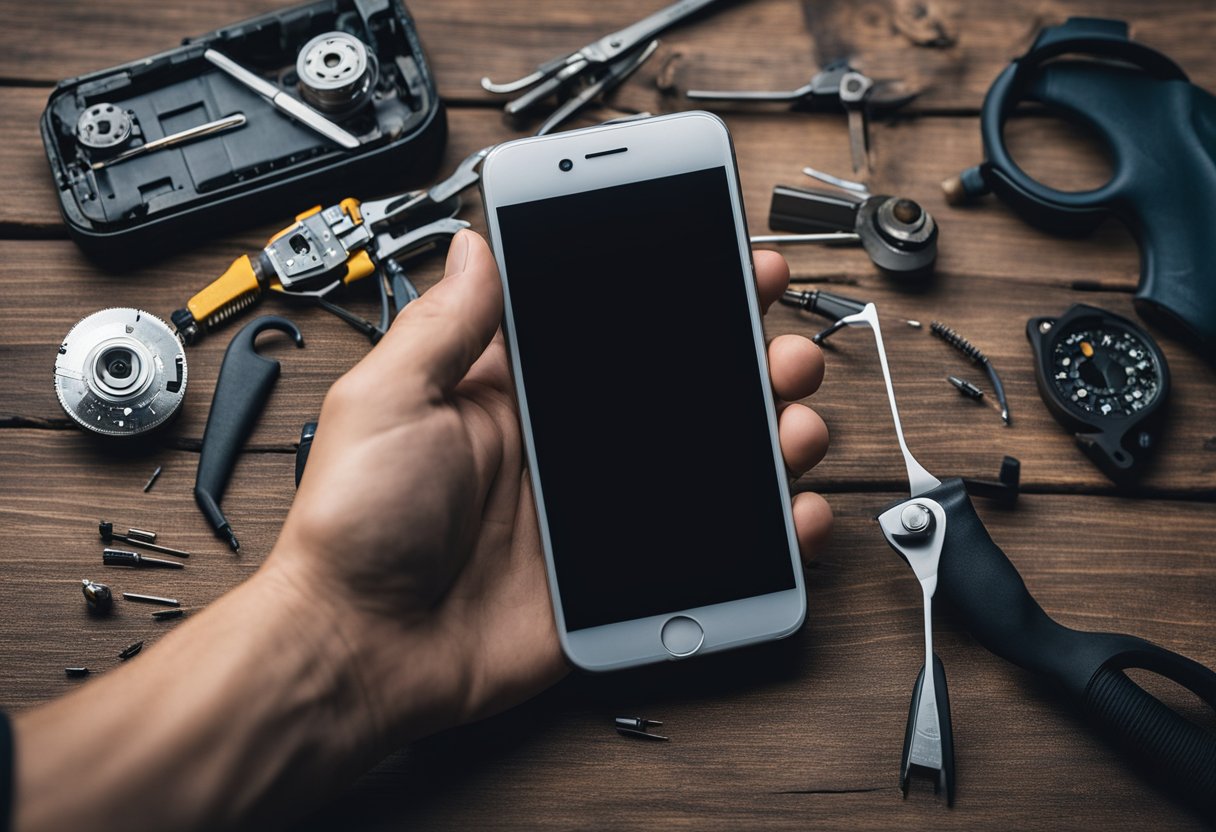 A hand holding a cracked phone with a broken screen, next to a professional technician's tools and equipment for screen replacement