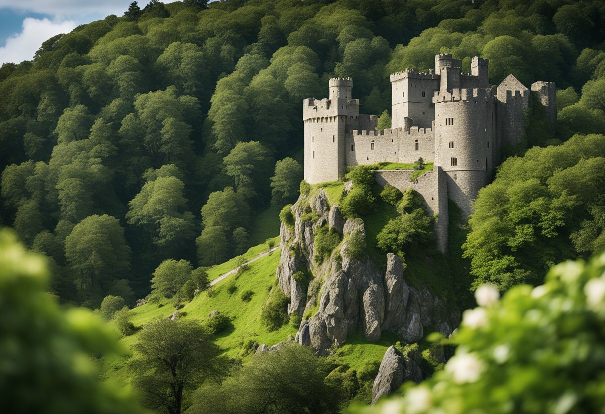 Folklore Surrounding the Blarney Stone - A lush green landscape with a medieval castle perched on a rocky outcrop. A crowd of tourists gathers around a large stone, with a sign reading "Blarney Stone" in the foreground
