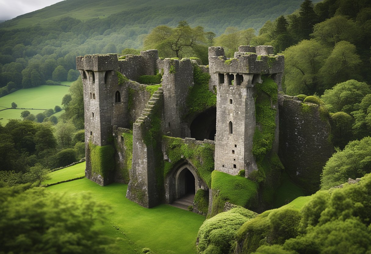 Folklore Surrounding the Blarney Stone: Myths and Legends Unveiled - The ancient Blarney Stone sits atop a moss-covered castle wall, surrounded by lush greenery and misty Irish hills