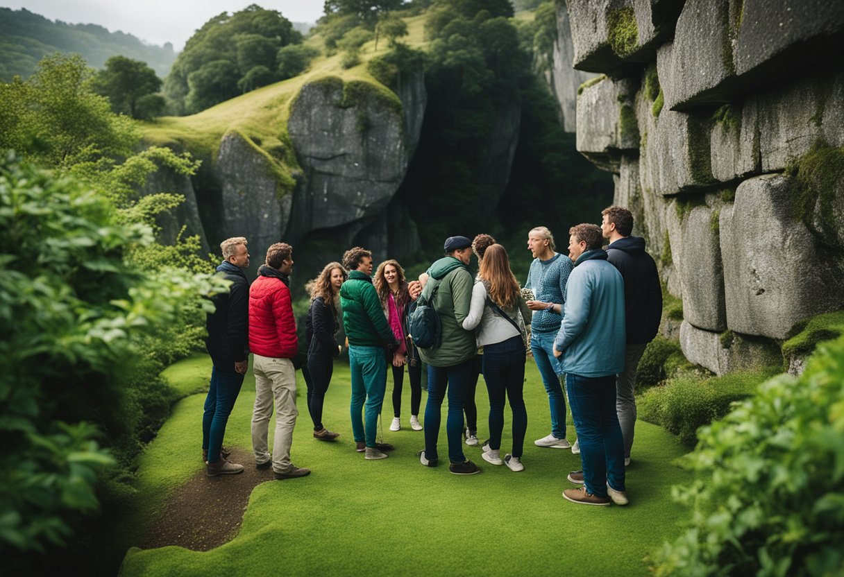 A group of people gather around the ancient Blarney Stone, surrounded by lush greenery and misty cliffs, as they eagerly await their turn to kiss the legendary stone and receive the gift of eloquence
