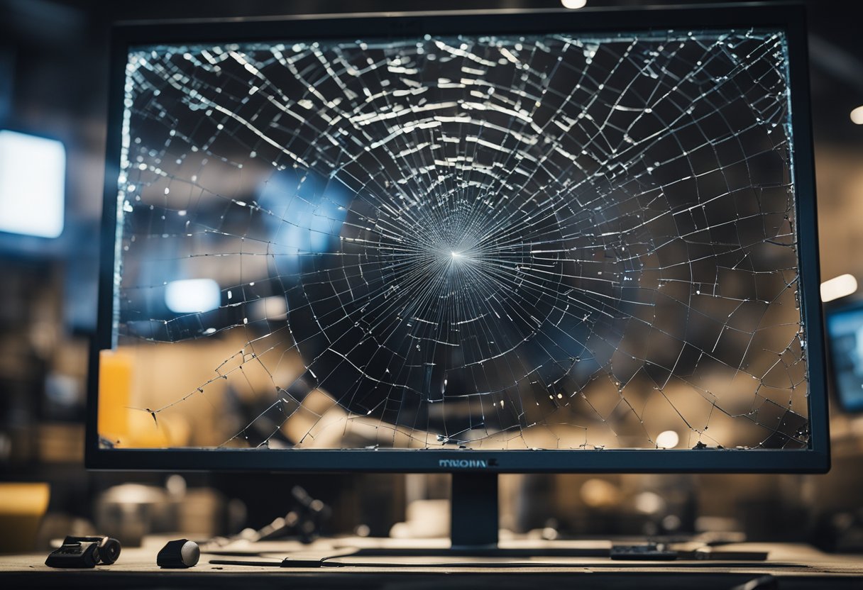 A broken screen with visible cracks and shattered glass, surrounded by tools and equipment for repair