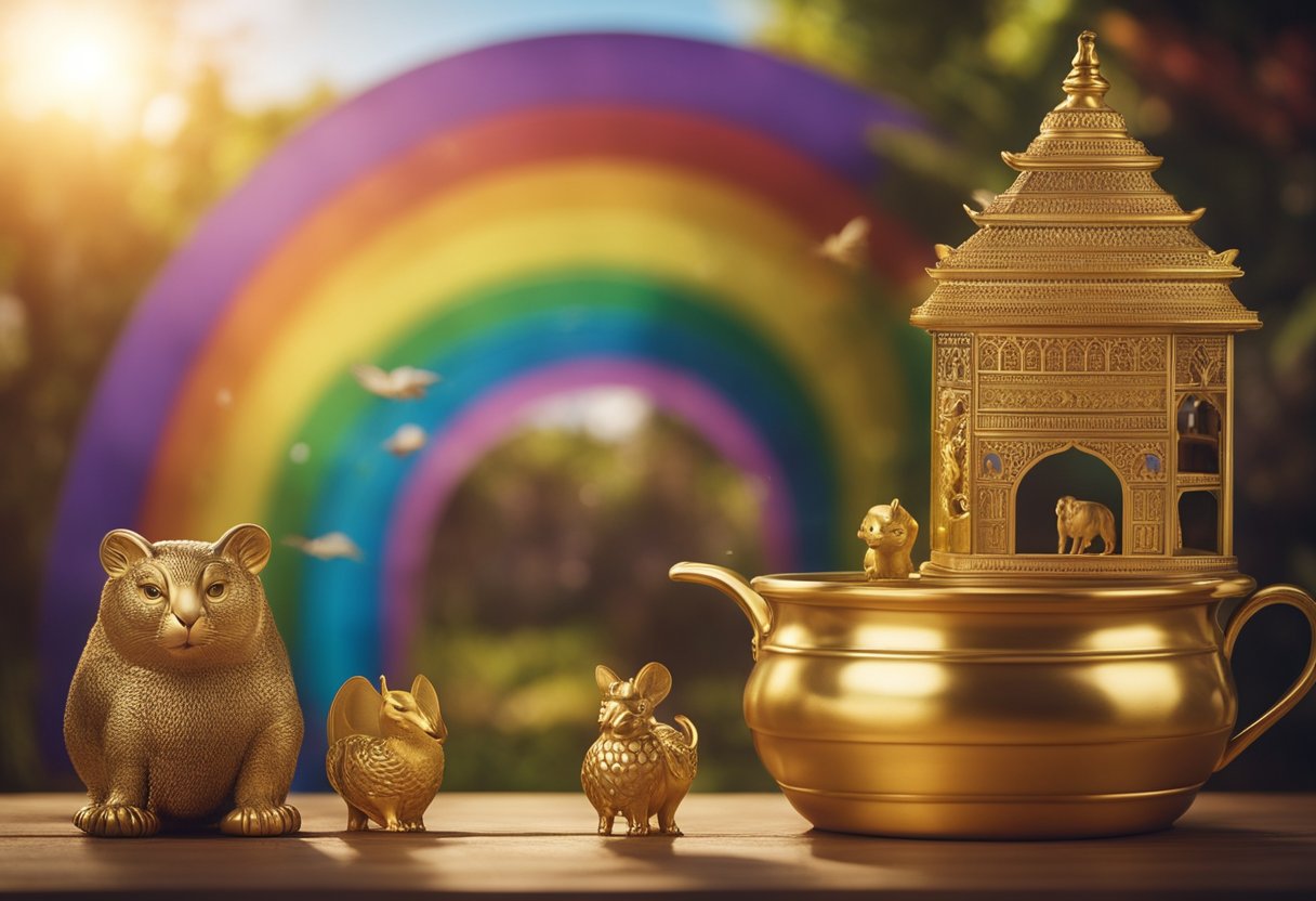 Tales of Rainbows and Pots of Gold - A colorful rainbow arches over a golden pot, surrounded by diverse cultural symbols and animals, representing the universal appeal of moral lessons in international tales