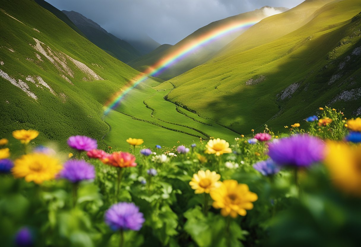 Tales of Rainbows - A vibrant rainbow stretches across a lush green landscape, leading to a shimmering pot of gold nestled among blooming flowers