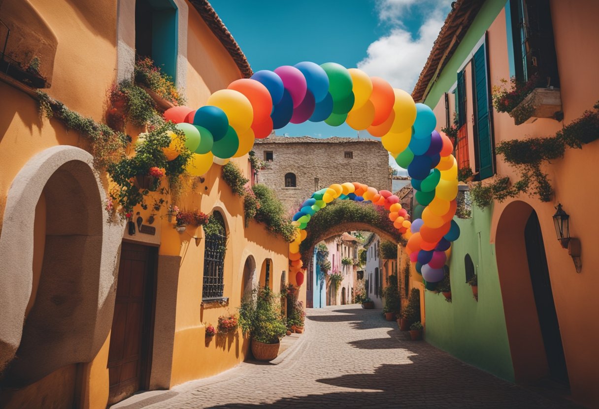 Tales of Rainbows and Pots of Gold - A vibrant rainbow arches over a quaint village, where people celebrate diverse cultural traditions with colorful costumes and festive decorations