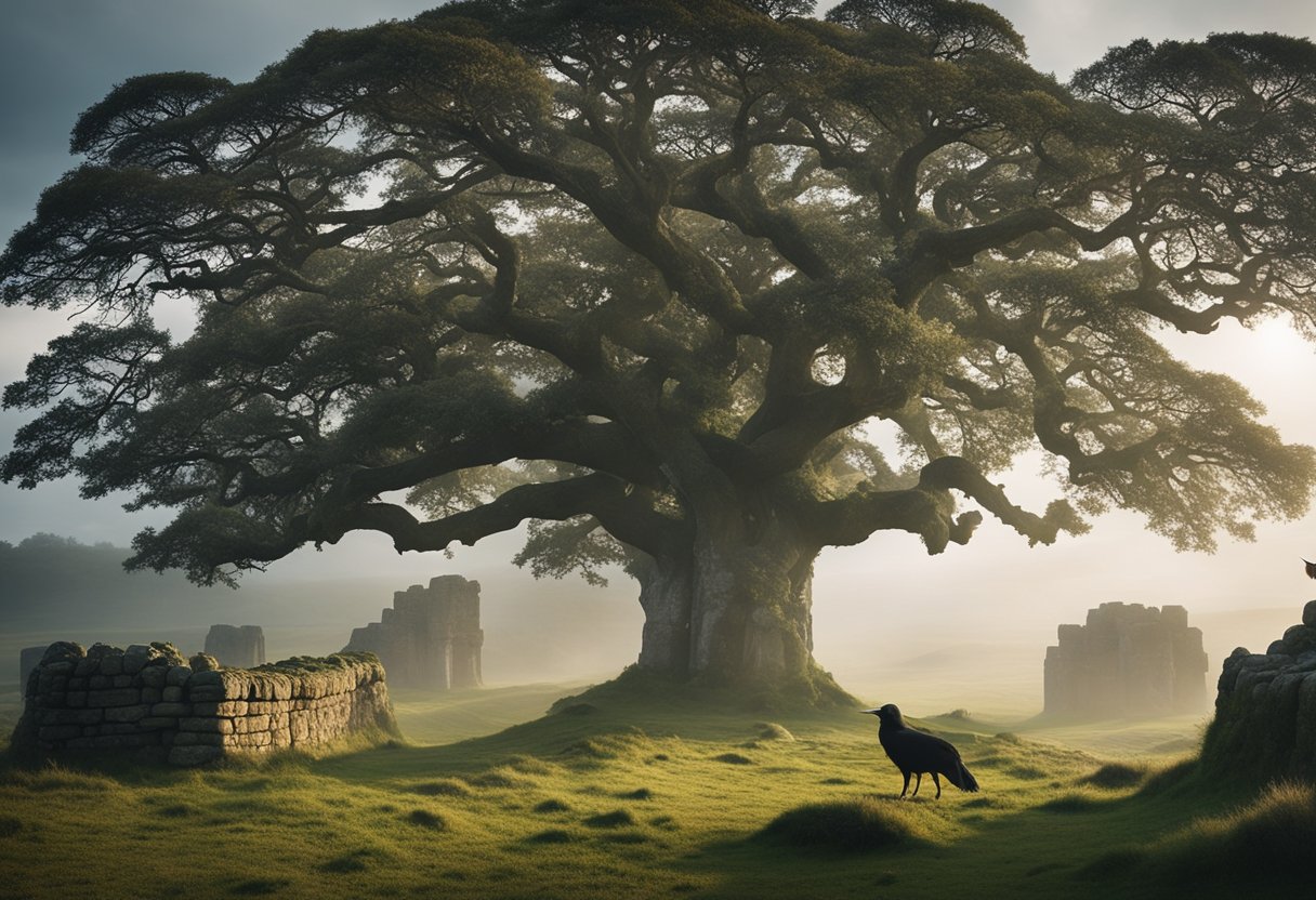 The Influence of Norse Mythology on Irish Folklore - A towering oak tree adorned with Celtic knotwork, surrounded by misty moors and ancient stone ruins, as ravens and wolves roam the land