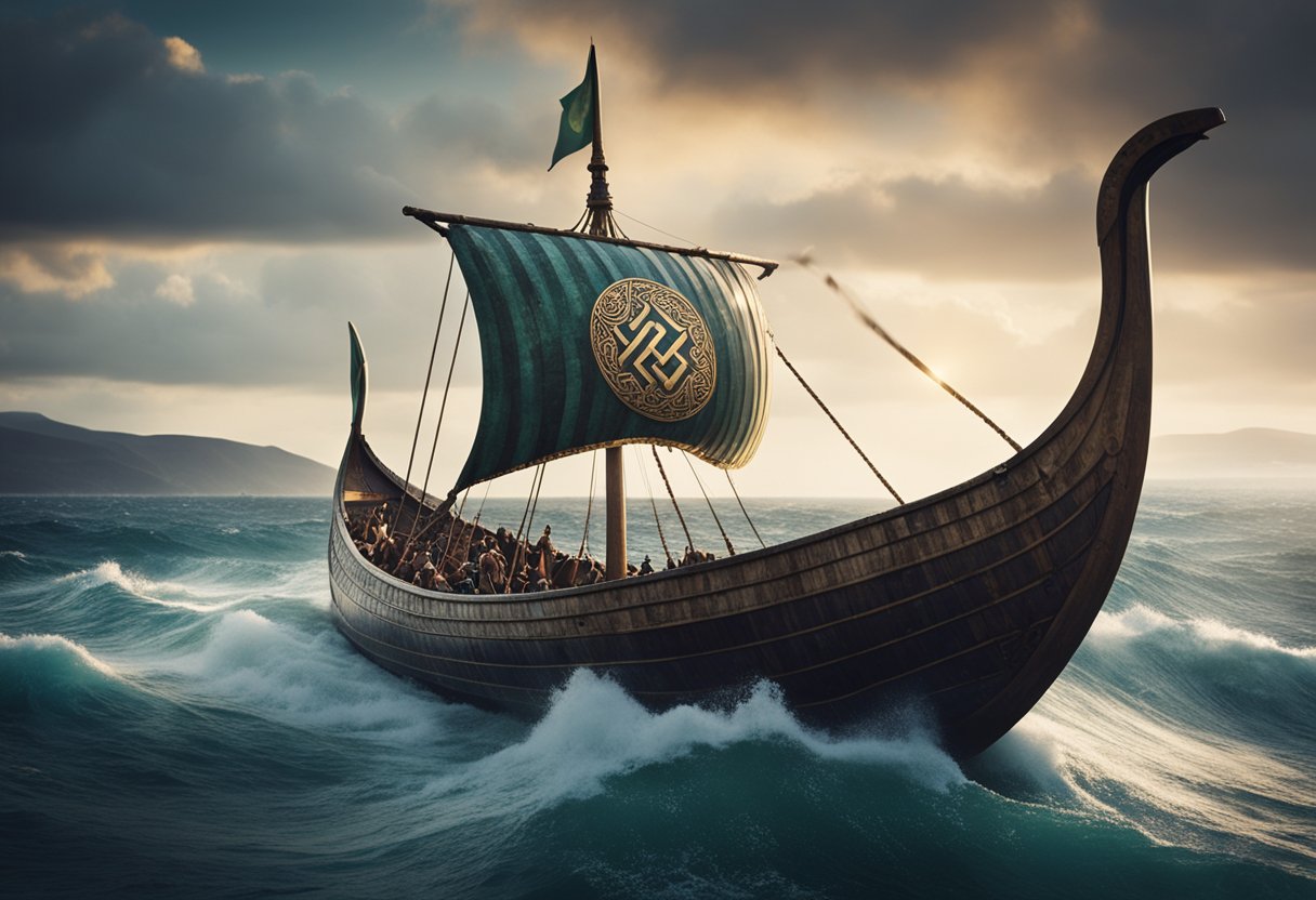 The Influence of Norse Mythology on Irish Folklore - A Viking longship sails towards the Irish coast, while Celtic symbols and Norse runes intertwine in the background, representing the merging of Norse and Irish mythology