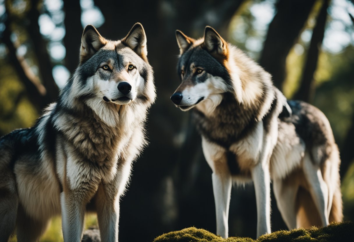 The Influence of Norse Mythology on Irish Folklore - Two majestic wolves, one black and one white, stand side by side under the shadow of the Yggdrasil tree, symbolizing the symbiotic relationship between Norse and Irish mythology